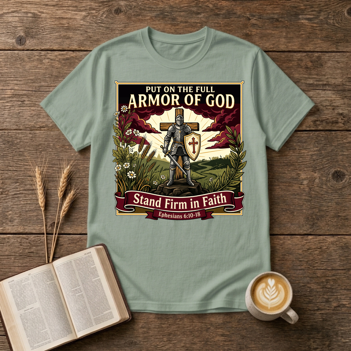 Armor of God design of a figure standing firm with a shield and cross under dramatic skies on a Sage unisex T-Shirt