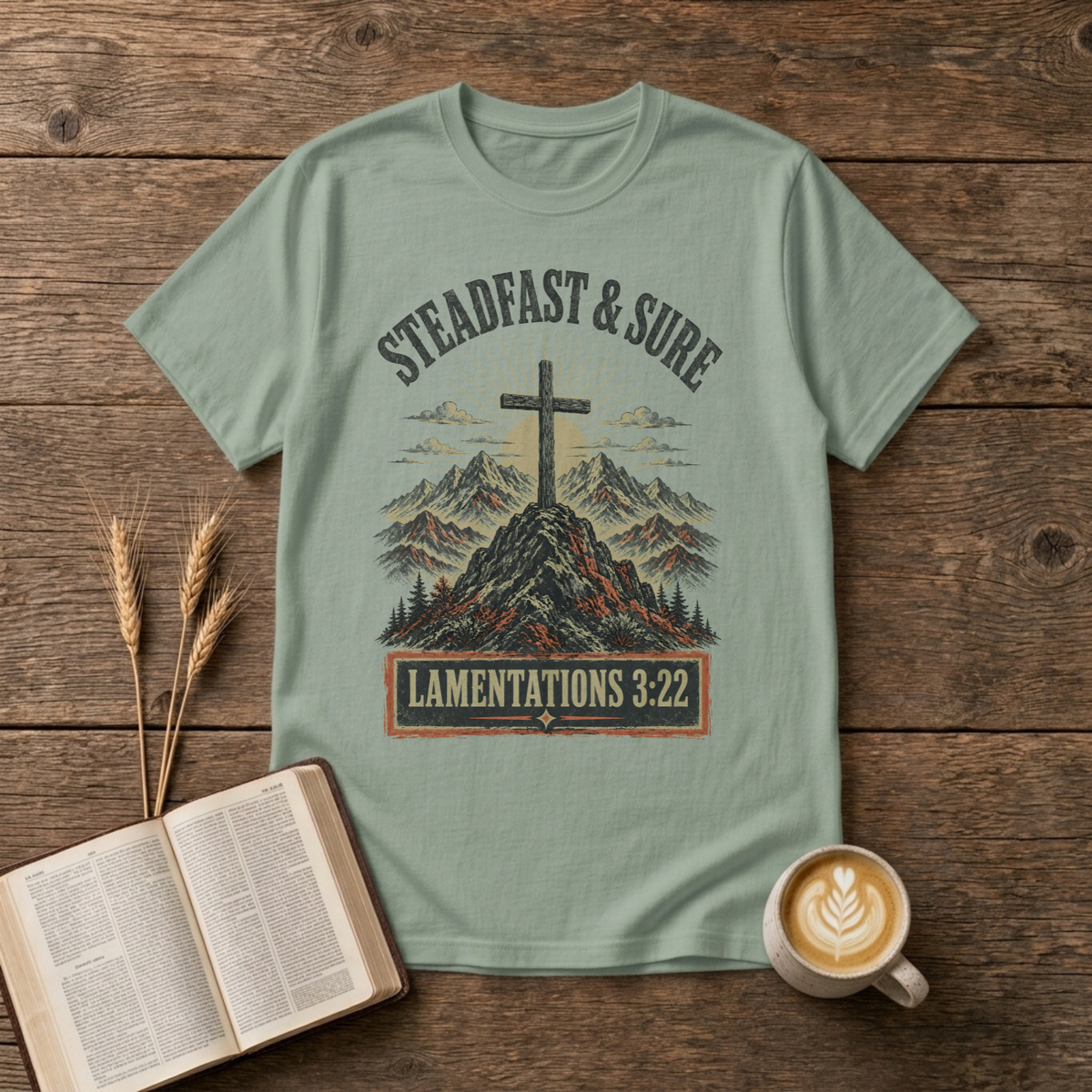 Steadfast and Sure lettering above a cross atop a rocky peak on a Sage unisex T-Shirt