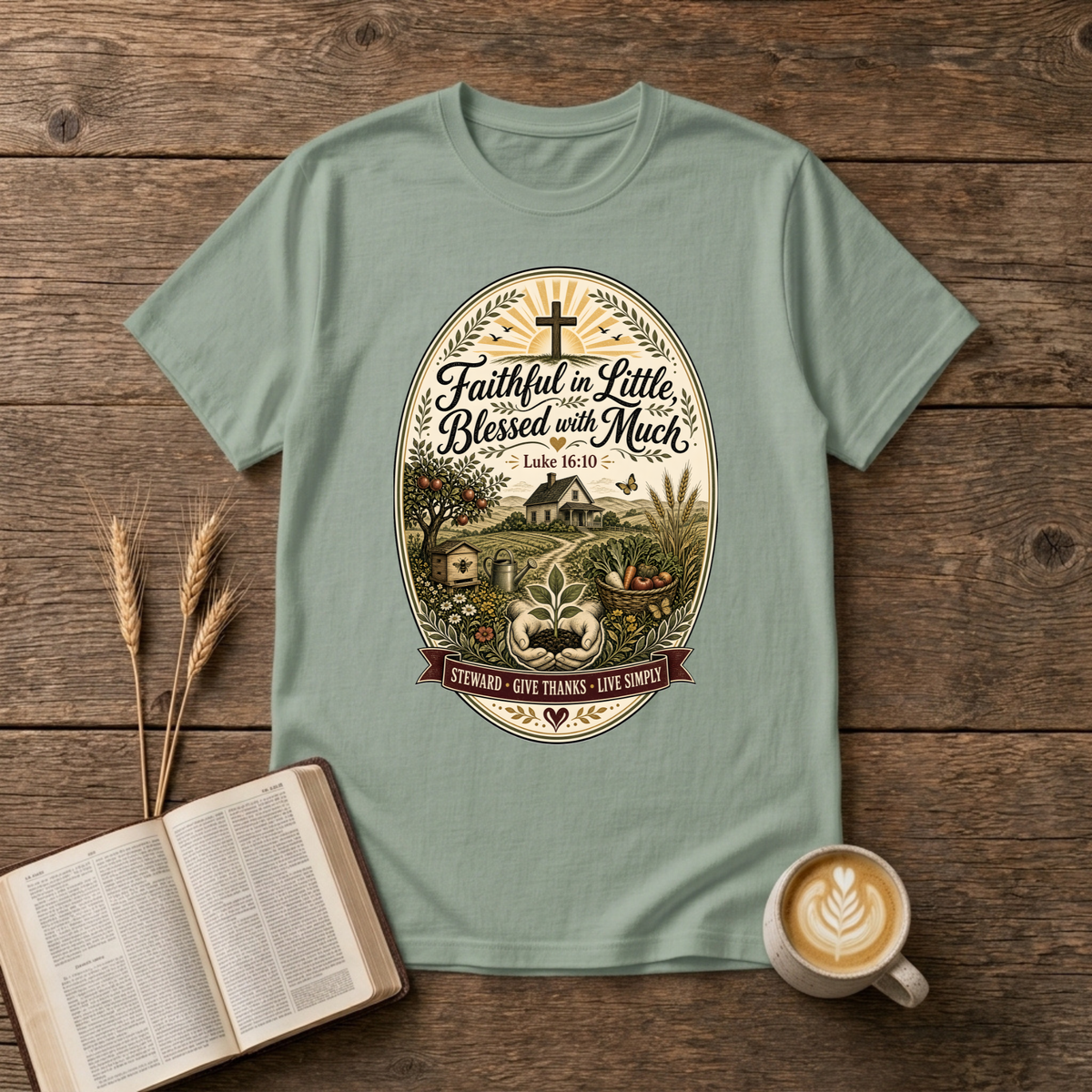 Faithful in Little Blessed with Much design with a small house, hills and cross at sunrise on a Sage unisex T-Shirt
