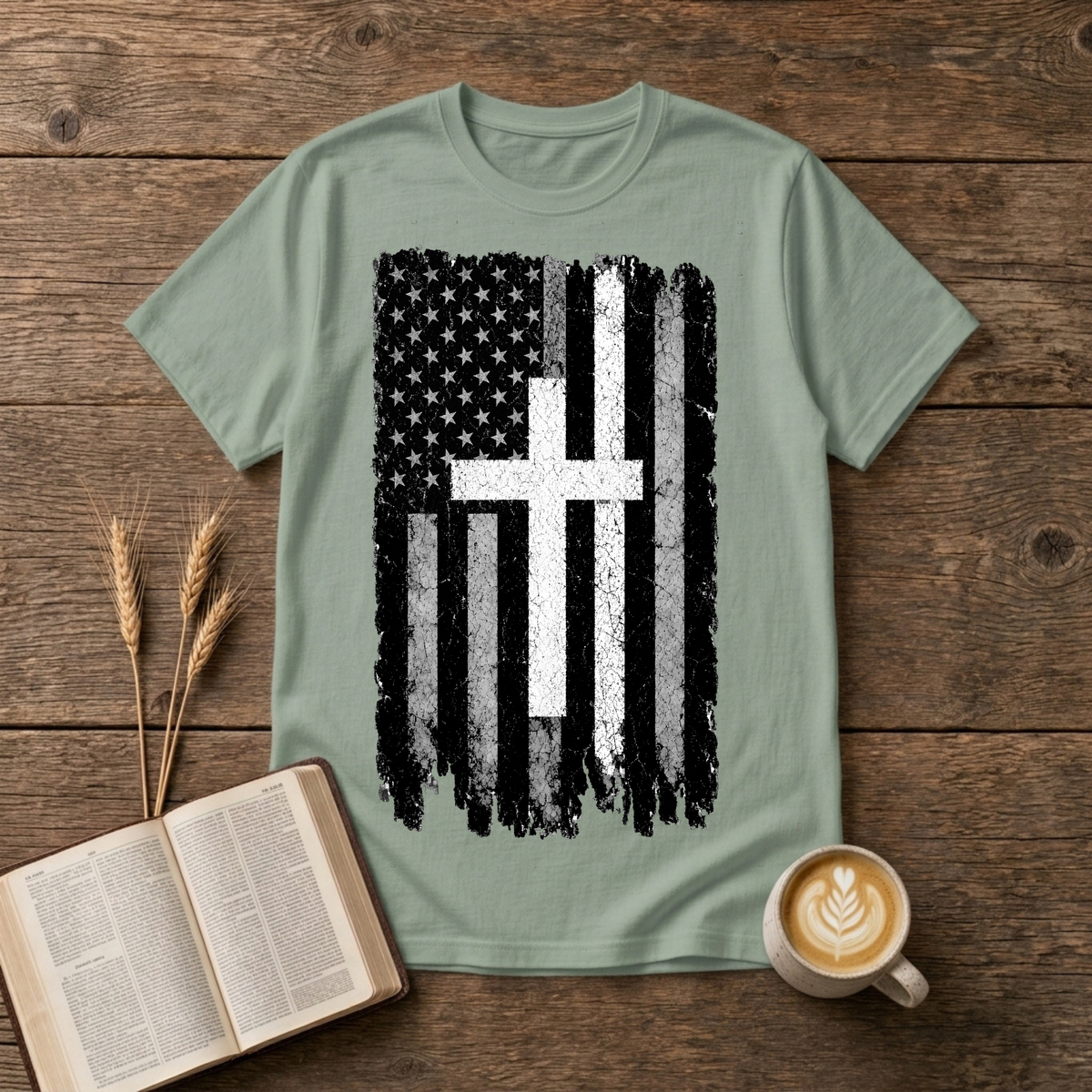 Vintage distressed stars-and-stripes flag with a thin white line on a Sage unisex T-Shirt