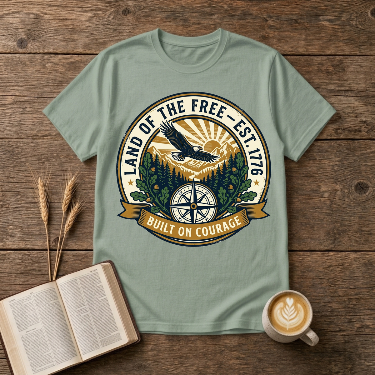 Faded emblem of an eagle gliding above pine silhouettes with a sunrise compass on a Sage unisex T-Shirt