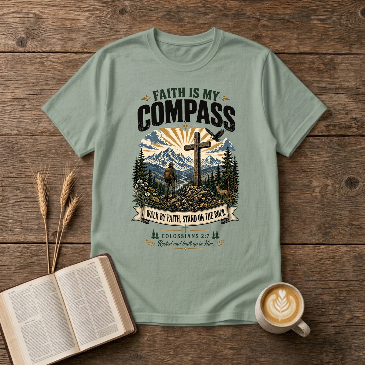 Faith Is My Compass lettering above a weathered cross amid pines and a rising sun on a Sage unisex T-Shirt