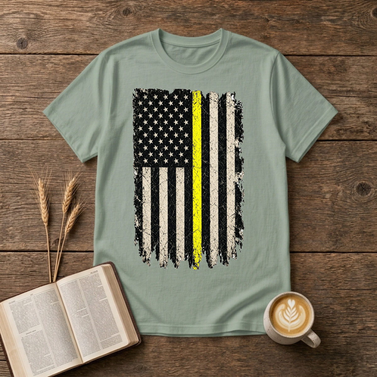 Vintage distressed American flag with a single yellow stripe on a Sage unisex T-Shirt