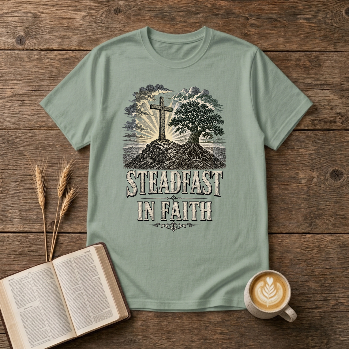 Weathered cross beside a steadfast tree on a rocky mound on a Sage unisex T-Shirt