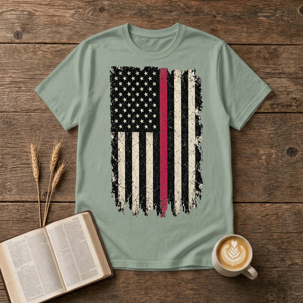 Weathered American flag with a thin red line on a Sage unisex T-Shirt
