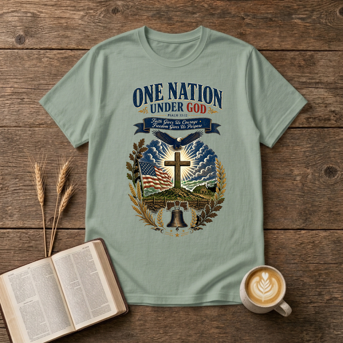 One Nation Under God design with eagle, cross and laurel wreath on a Sage unisex T-Shirt
