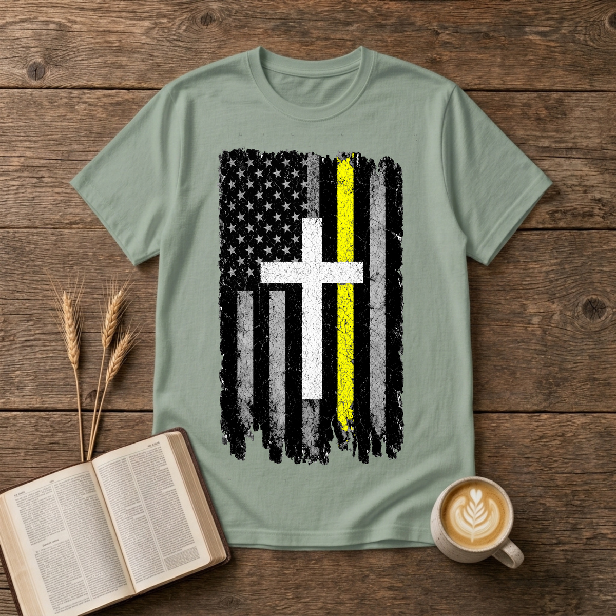 Distressed American flag with a vertical yellow line on a Sage unisex T-Shirt