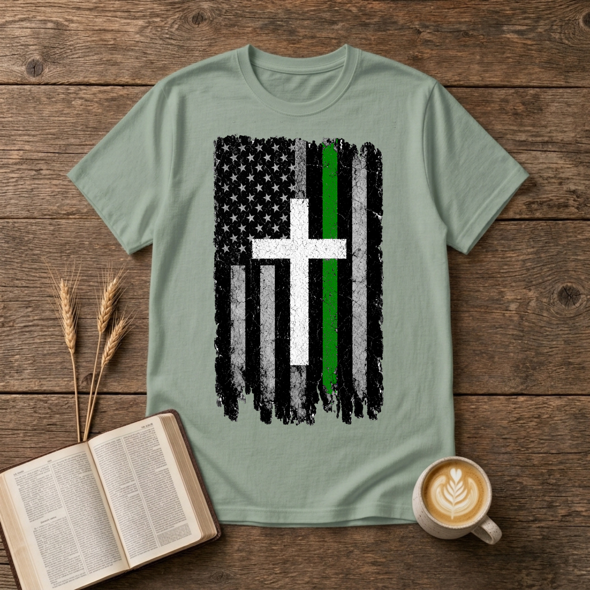 Distressed American flag fused with a cross and green line on a Sage unisex T-Shirt