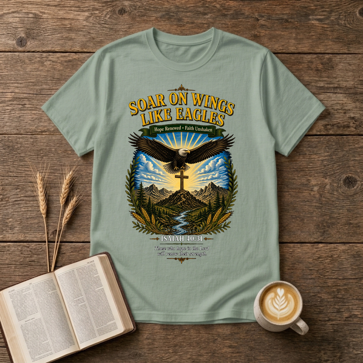 Vintage-style eagle artwork with Soar on Wings Like Eagles on a Sage unisex T-Shirt