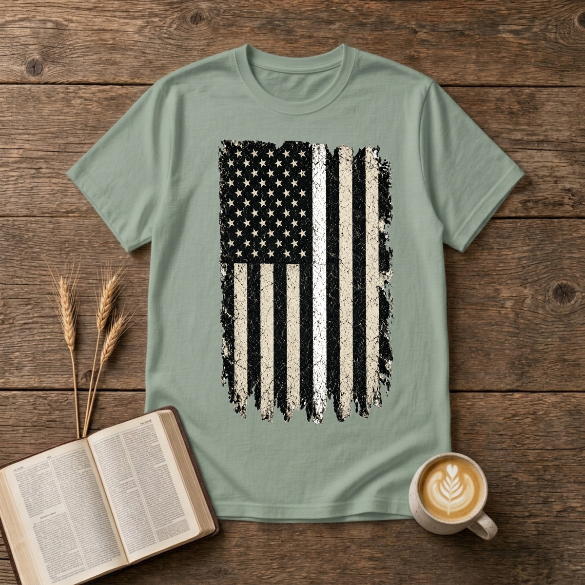 Weathered American flag with a thin white line on a Sage unisex T-Shirt
