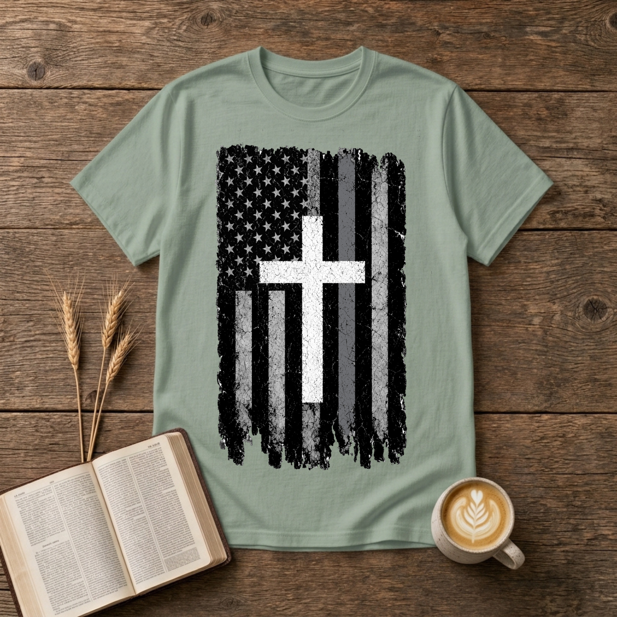Faded American flag and distressed cross with a silver line on a Sage unisex T-Shirt