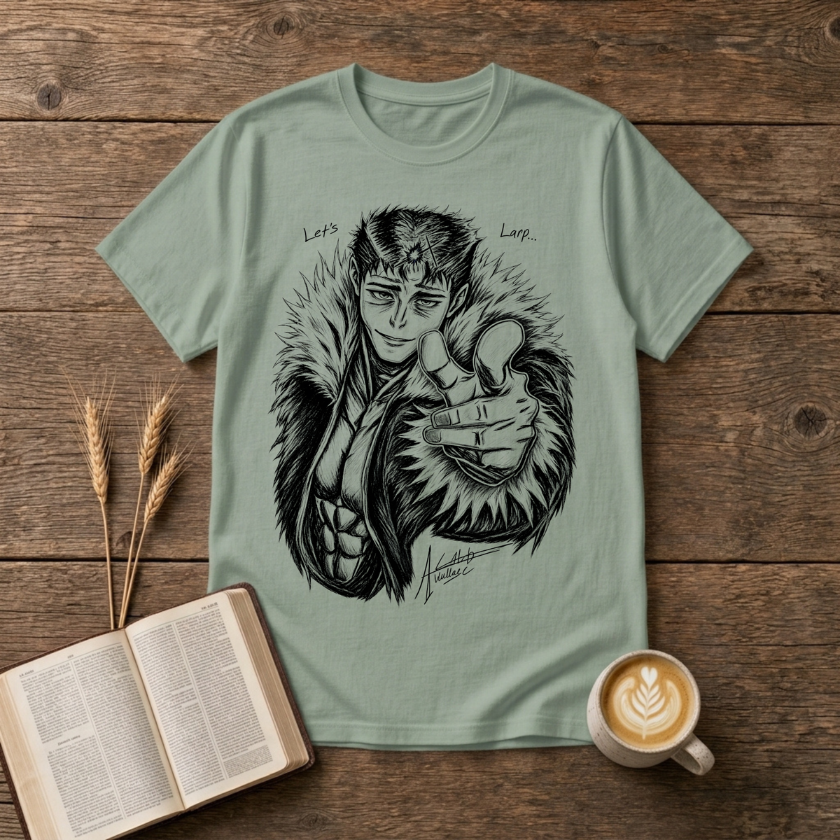 Monochrome anime character in a fur collar reaching out, Let's Larp on a Sage unisex T-Shirt