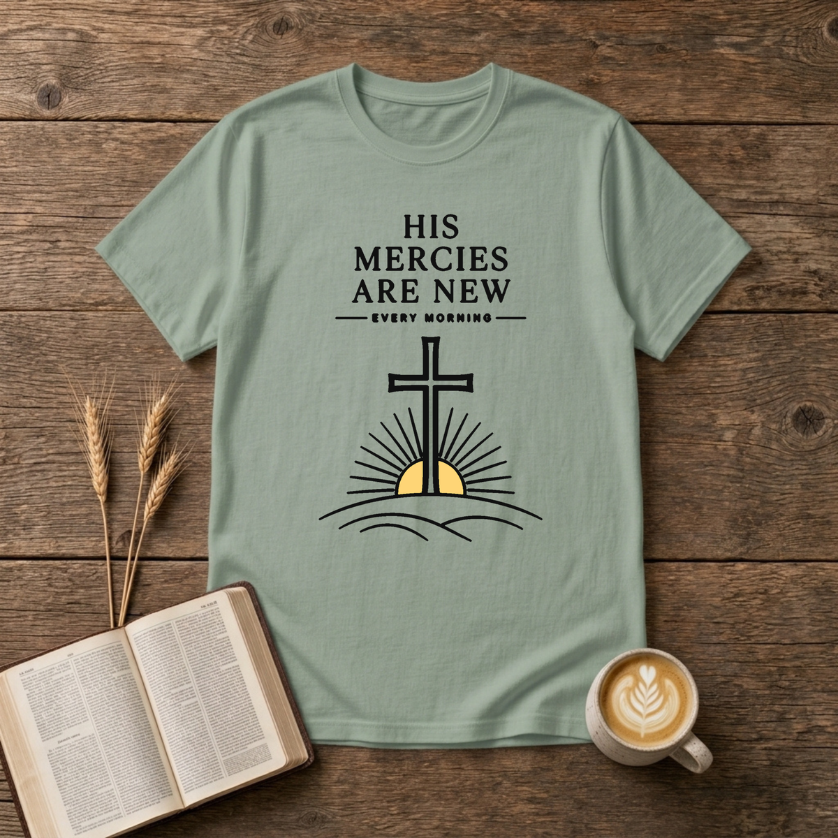 Subtle His mercies are new lettering with a softened cross above a rising sun on a Sage unisex T-Shirt