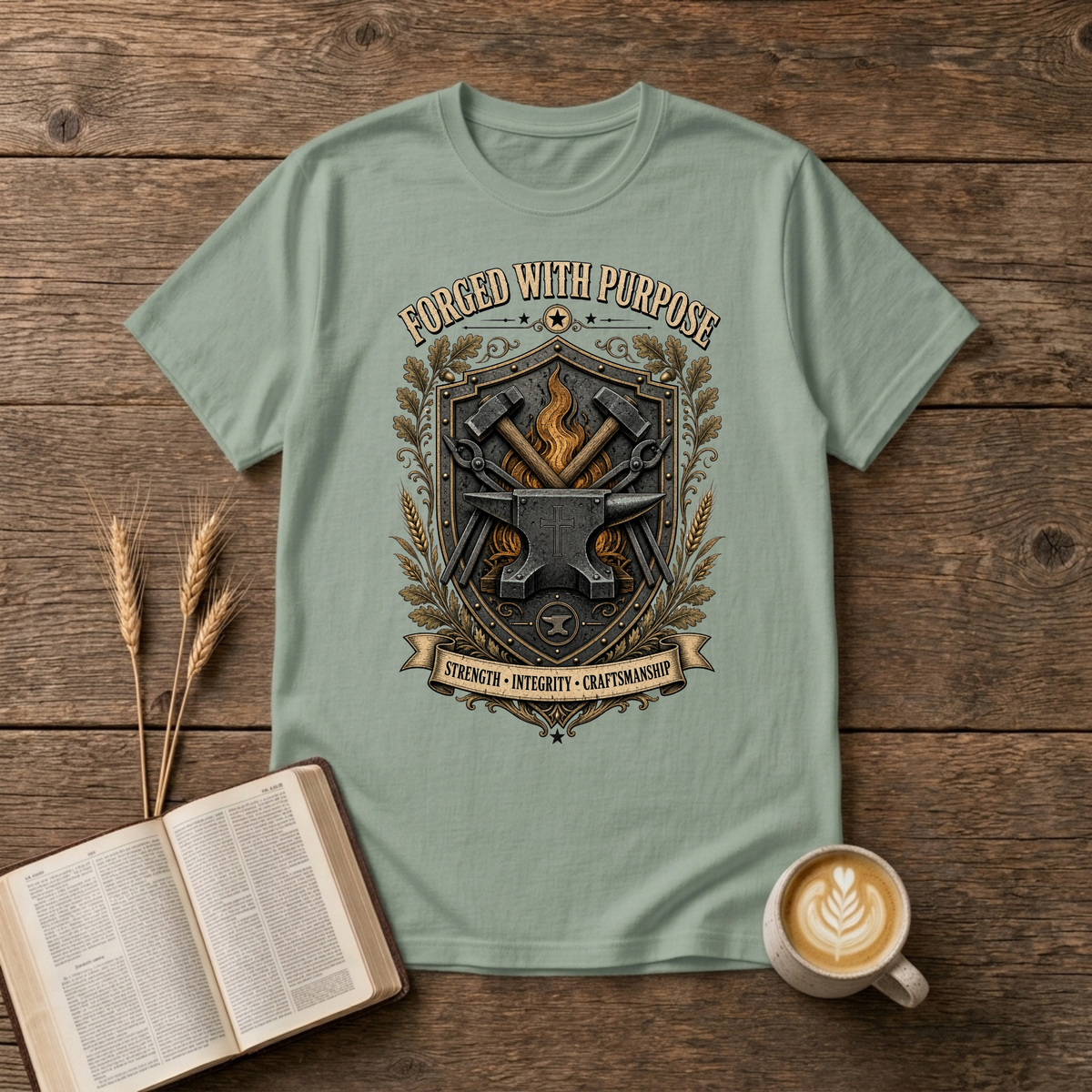 Forged With Purpose emblem of crossed hammers, an anvil and forge glow on a Sage unisex T-Shirt
