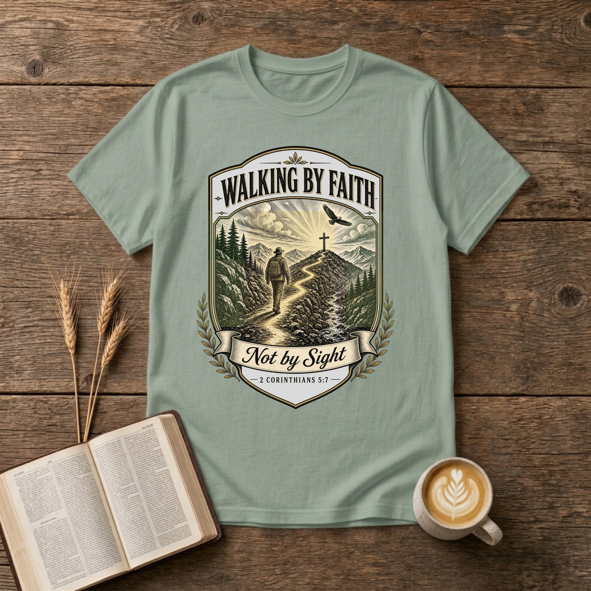Walking By Faith Not by Sight Christian graphic on a Sage unisex T-Shirt