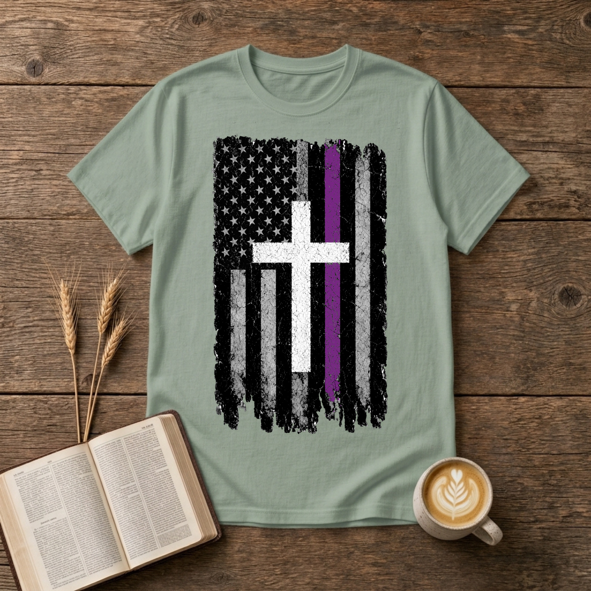 Distressed American flag with a lavender stripe and white cross on a Sage unisex T-Shirt