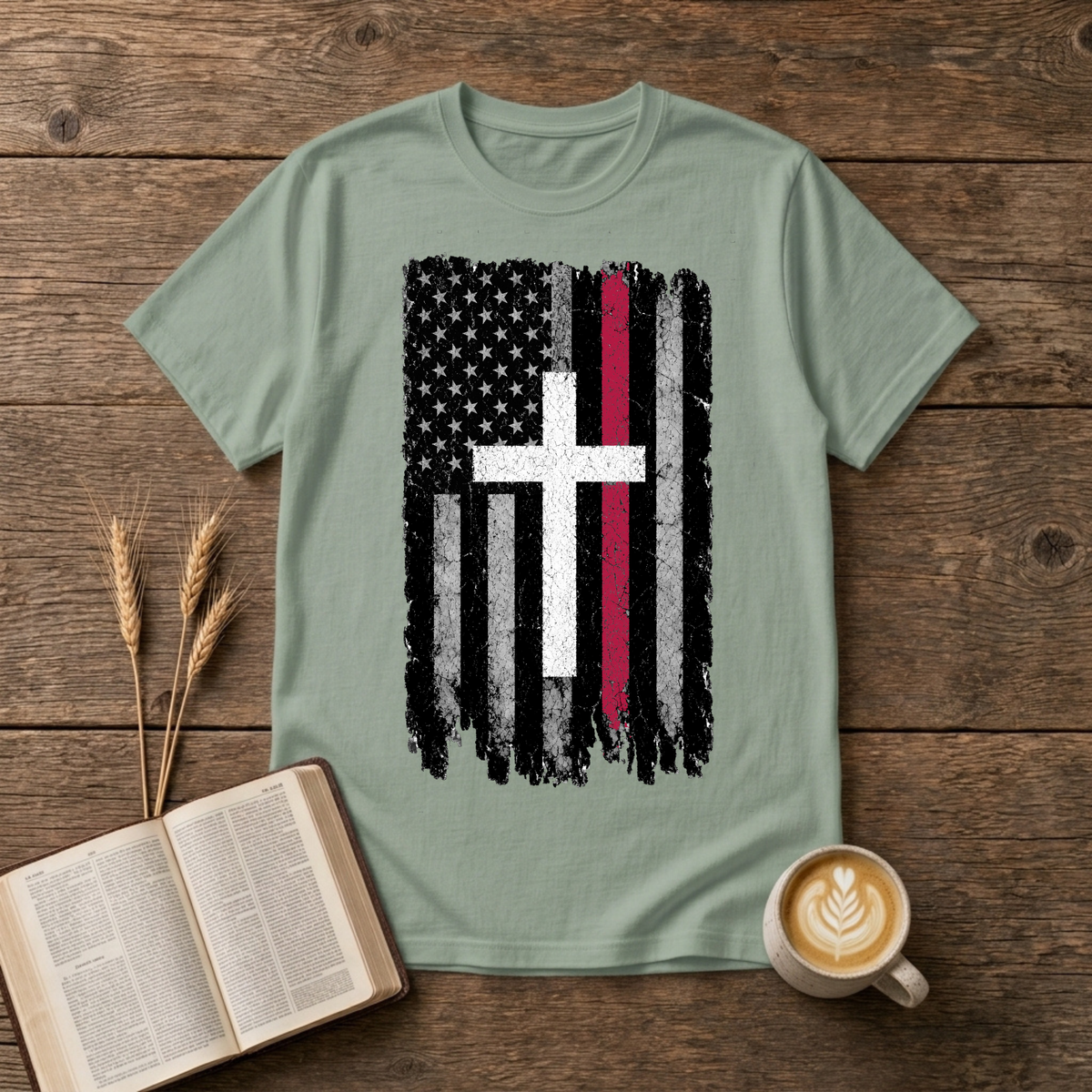 Grayscale American flag with a thin red stripe and cross motif on a Sage unisex T-Shirt