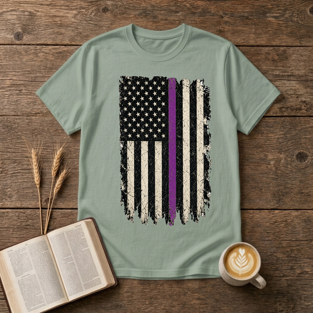 Distressed black and white American flag with a thin purple line on a Sage unisex T-Shirt