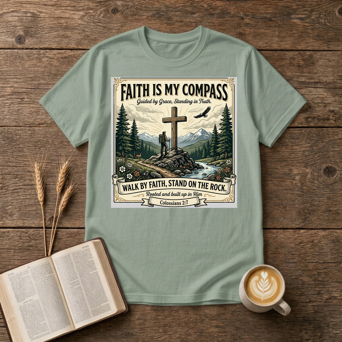 Faith Is My Compass design of a cross among pines with a lone hiker and soaring eagle on a Sage unisex T-Shirt