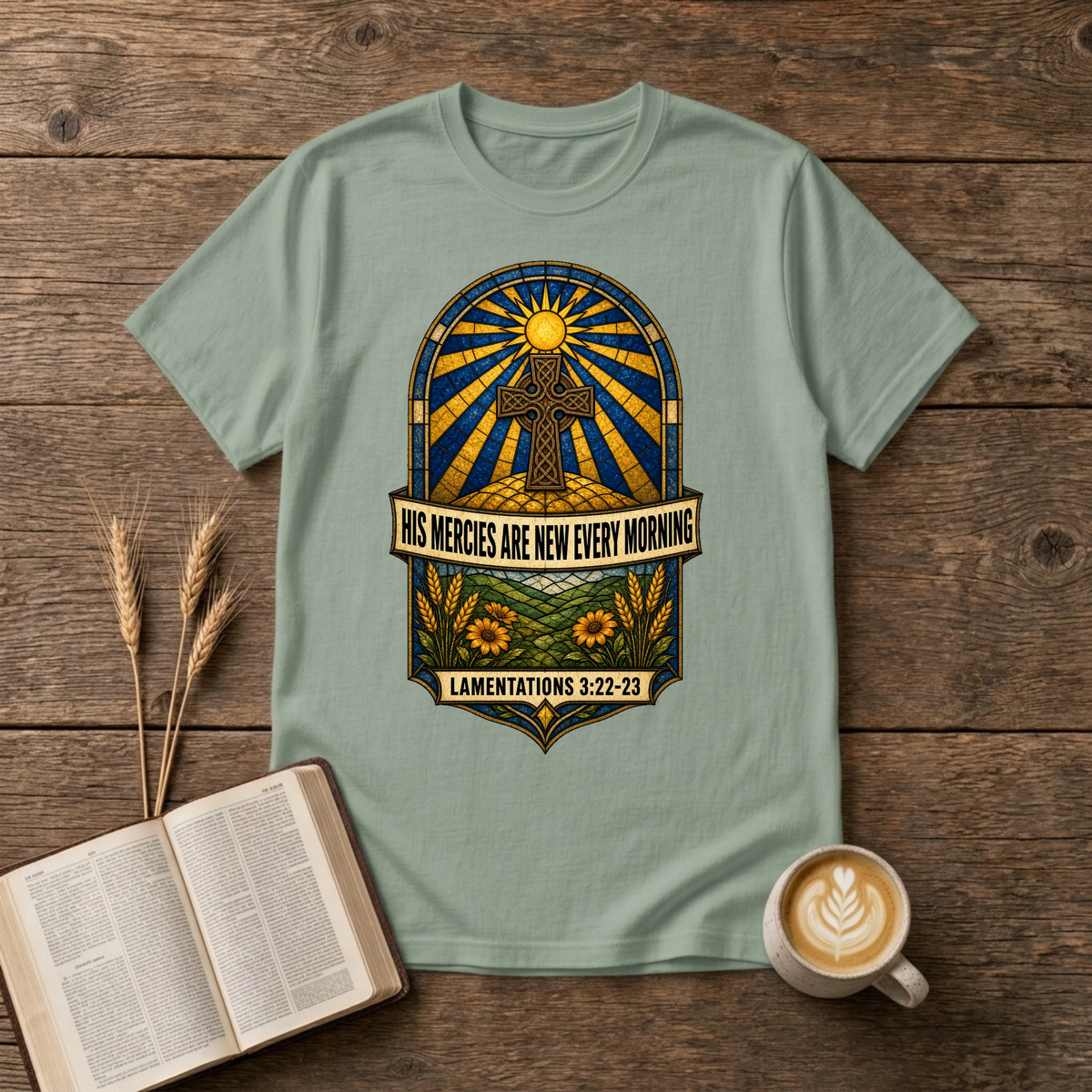 Emblem with sunbeams above a winding path, florals and His mercies banner on a Sage unisex T-Shirt
