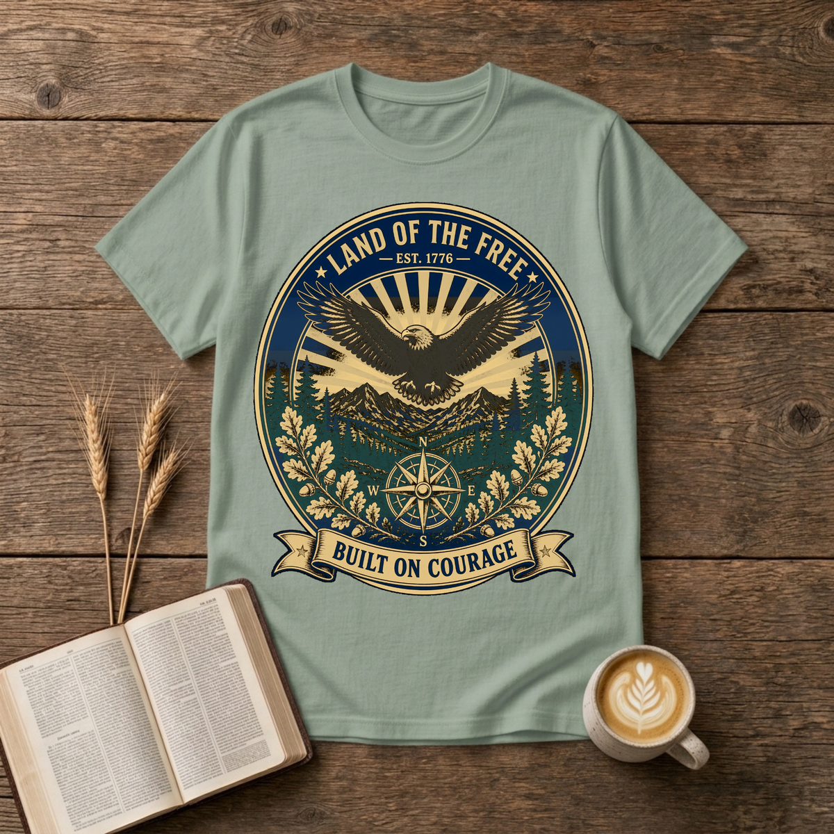 Vintage-style eagle emblem with Land of the Free and patriotic motifs on a Sage unisex T-Shirt