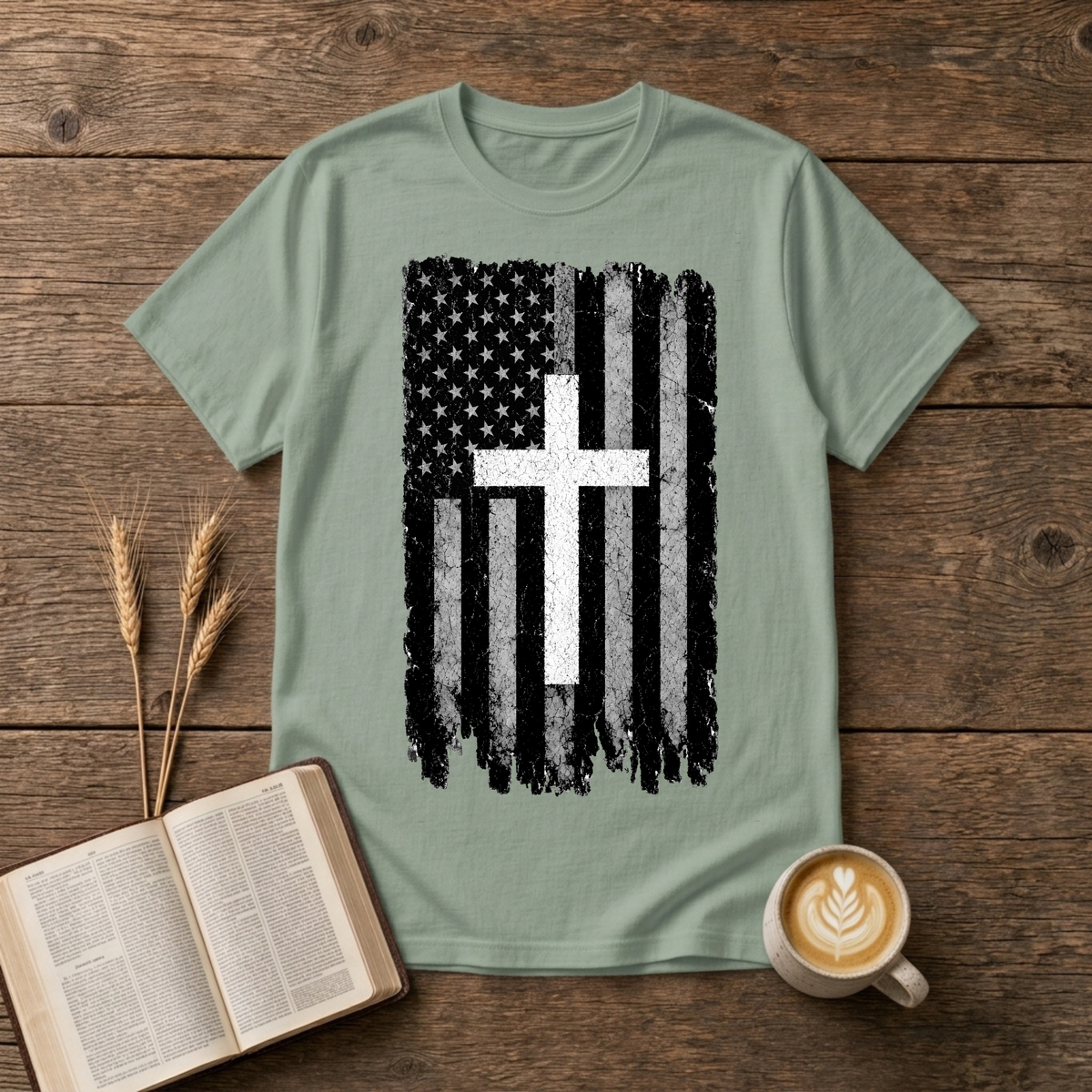 Distressed American flag with white cross on a Sage t-shirt