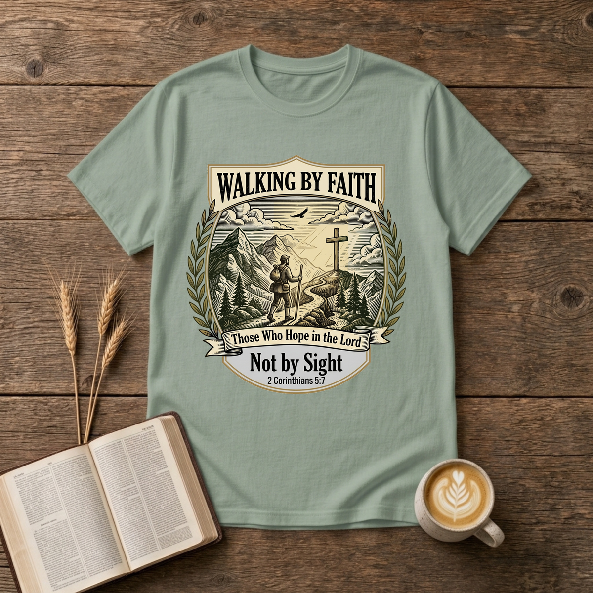 Walking by Faith grayscale scene with mountains, lone walker and cross on a hill on a Sage unisex T-Shirt
