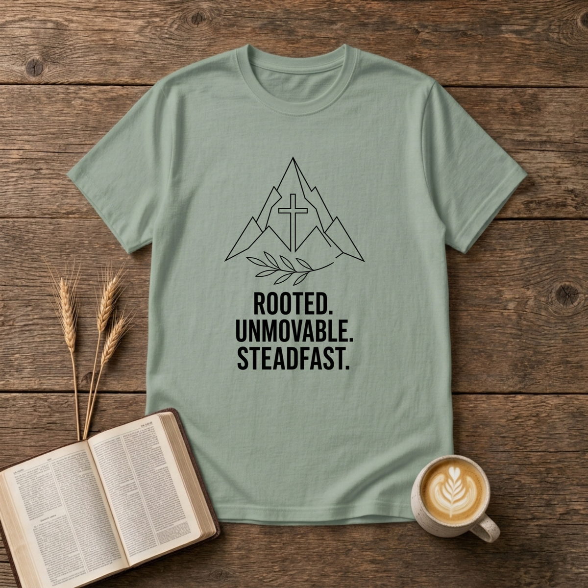Minimalist mountain outline with centered cross and laurel sprig, Rooted Unmovable Steadfast on a Sage unisex T-Shirt