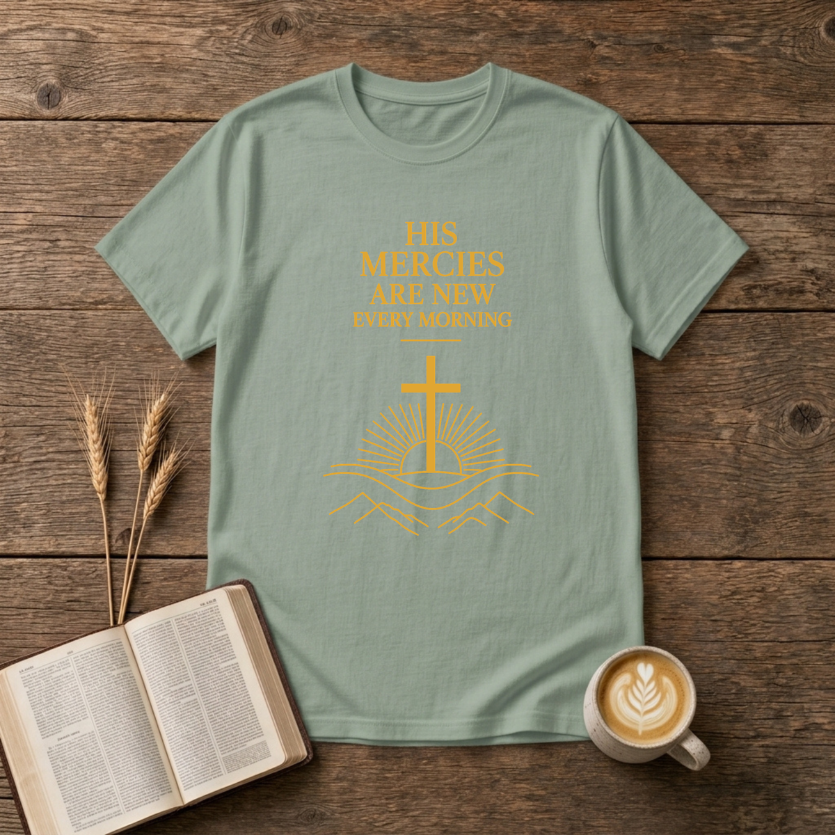 Minimalist serif lettering reading His mercies are new every morning on a Sage unisex T-Shirt