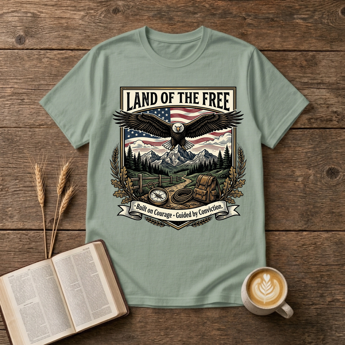 Monochrome eagle soaring above mountains and pines with a Land of the Free banner on a Sage unisex T-Shirt