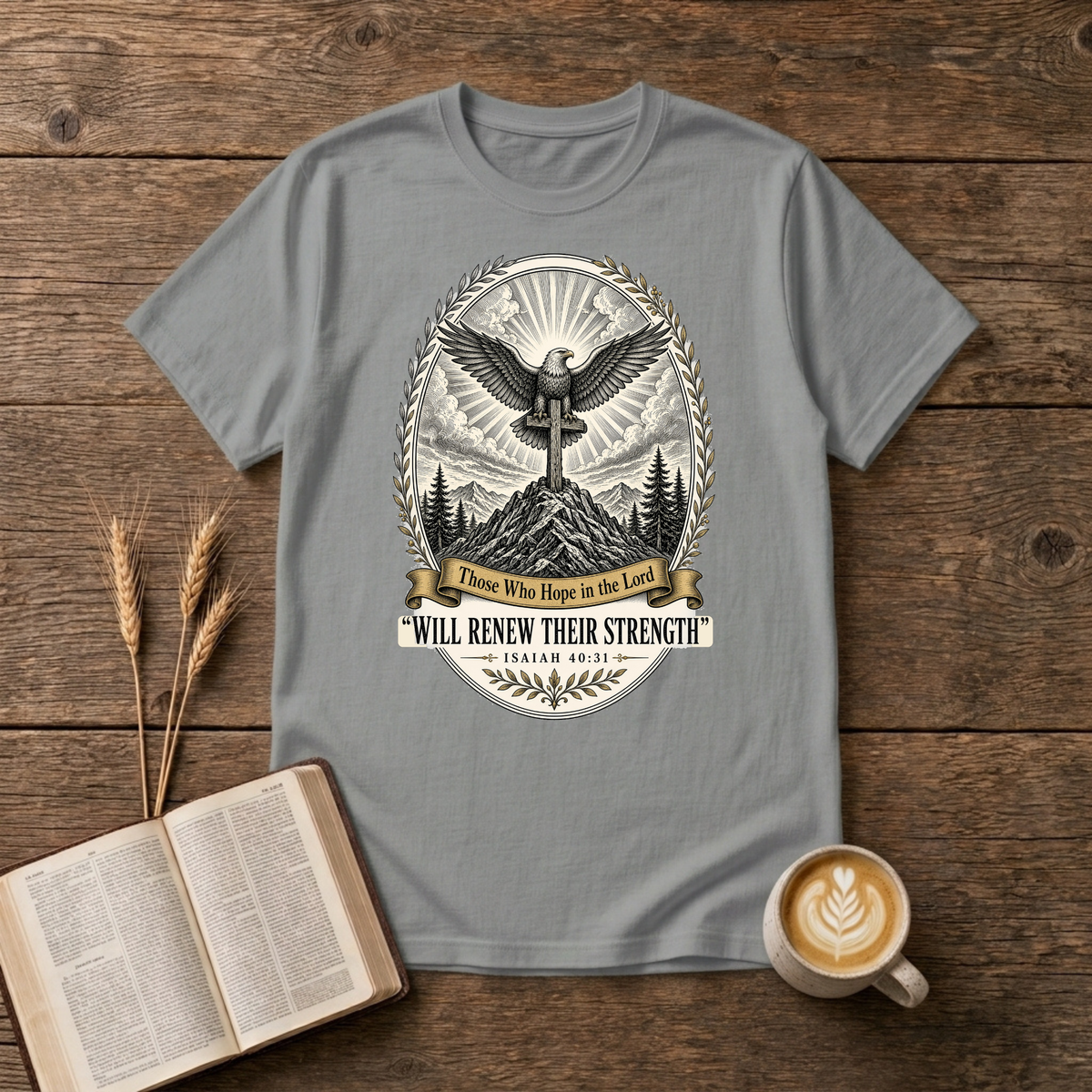 Grayscale eagle emblem with outstretched wings above a mountain landscape on a Sport Grey unisex T-Shirt