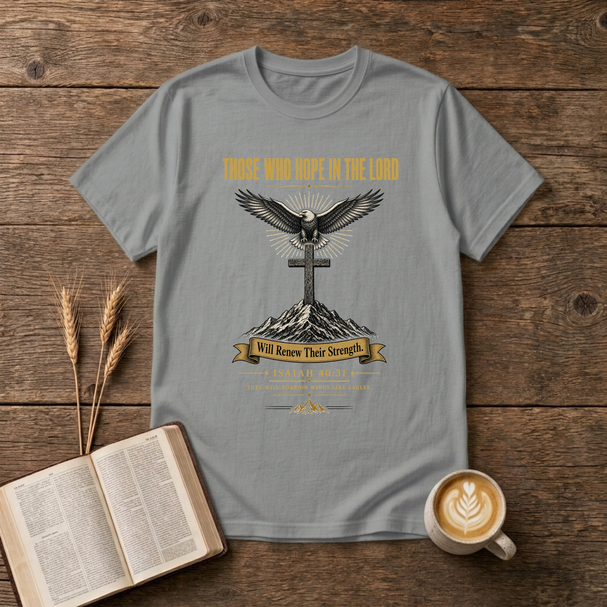Bald eagle with open wings above a simple cross and mountains with Those Who Hope in the Lord on a Sport Grey unisex T-Shirt