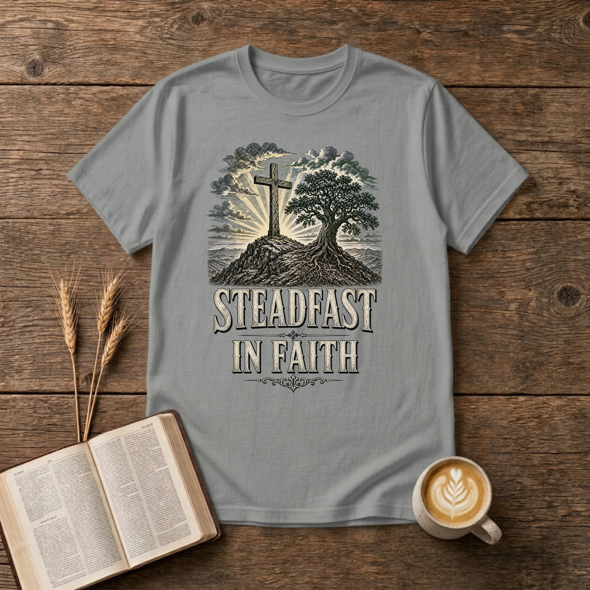 Weathered cross beside a steadfast tree on a rocky mound on a Sport Grey unisex T-Shirt