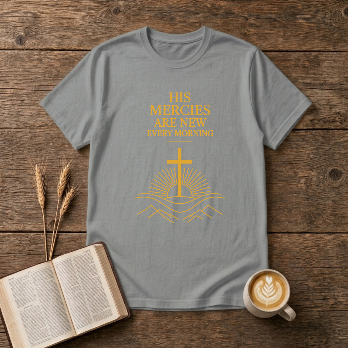 Minimalist serif lettering reading His mercies are new every morning on a Sport Grey unisex T-Shirt