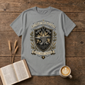 Monochrome blacksmith crest with anvil, hammer and forge flames framed by laurel on a Sport Grey unisex T-Shirt