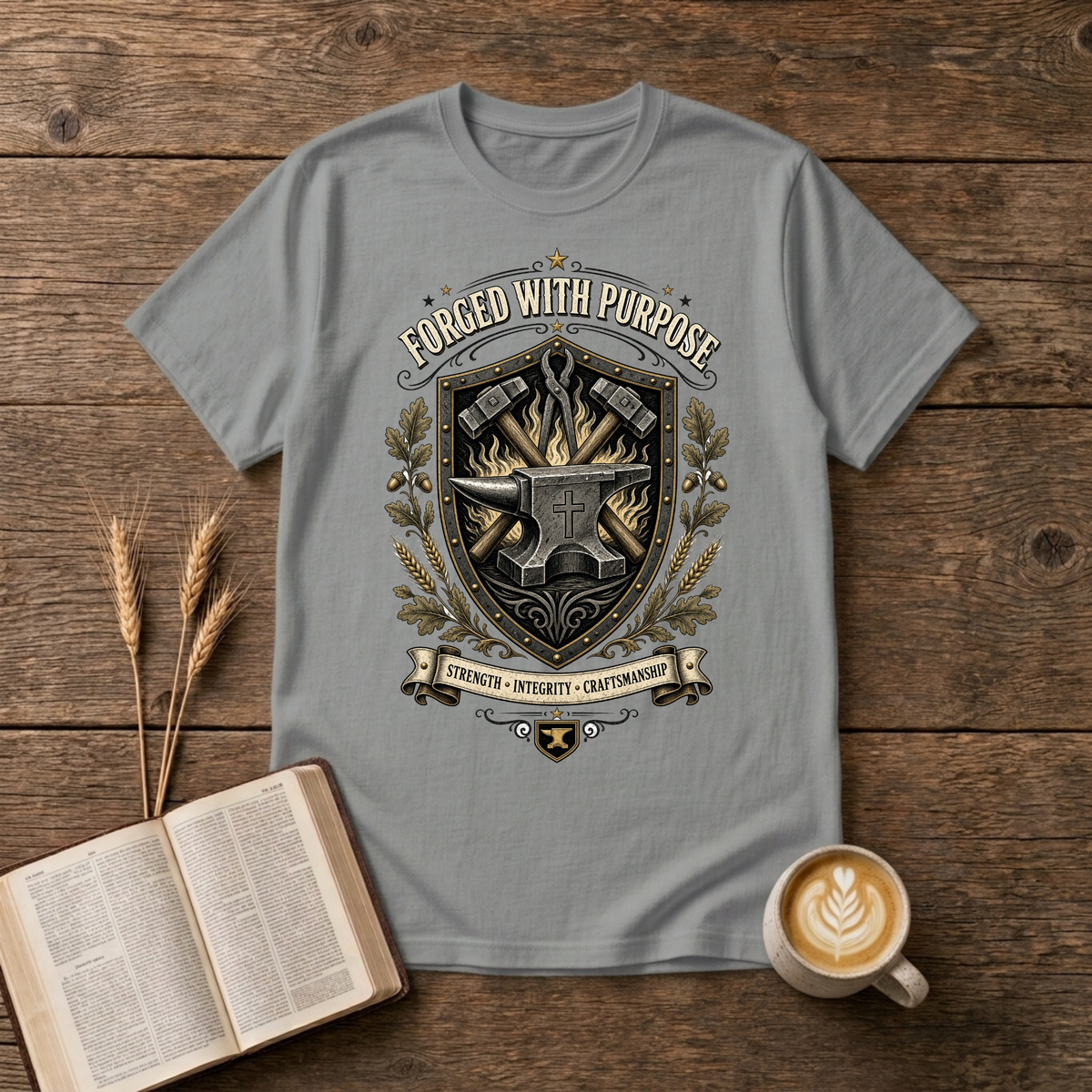 Monochrome blacksmith crest with anvil, hammer and forge flames framed by laurel on a Sport Grey unisex T-Shirt