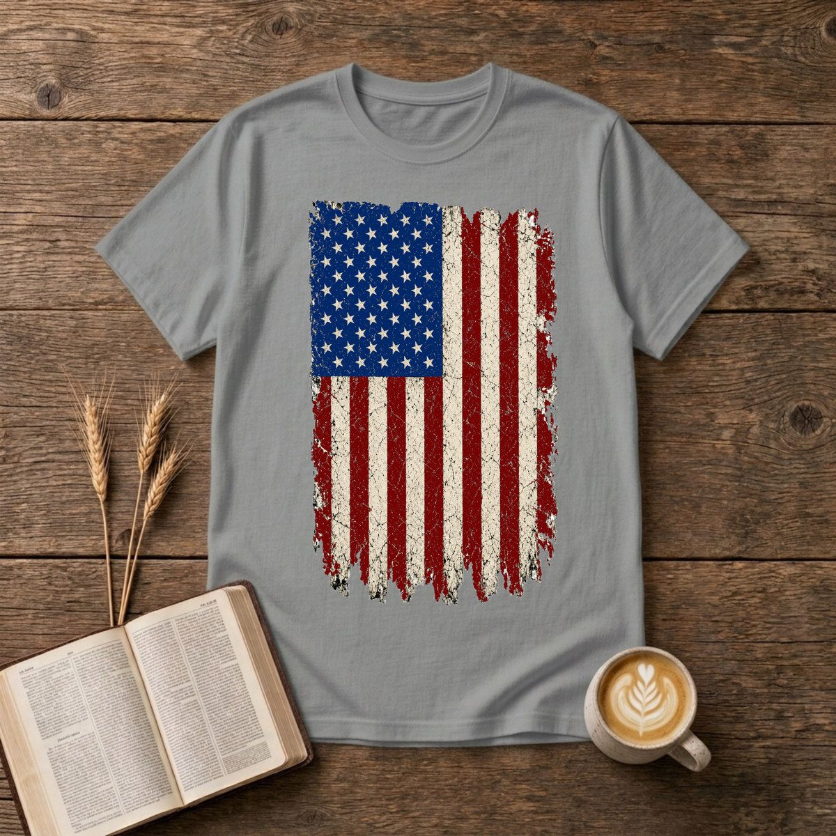Distressed red, white and blue American flag with brushstroke edges on a Sport Grey unisex T-Shirt.