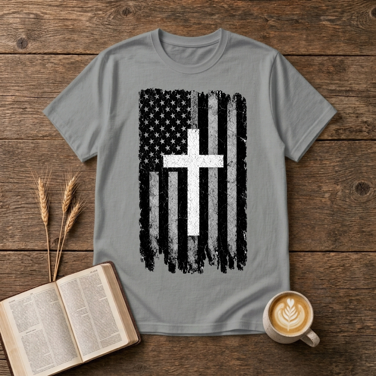 Distressed American flag with white cross on a Sport Grey t-shirt