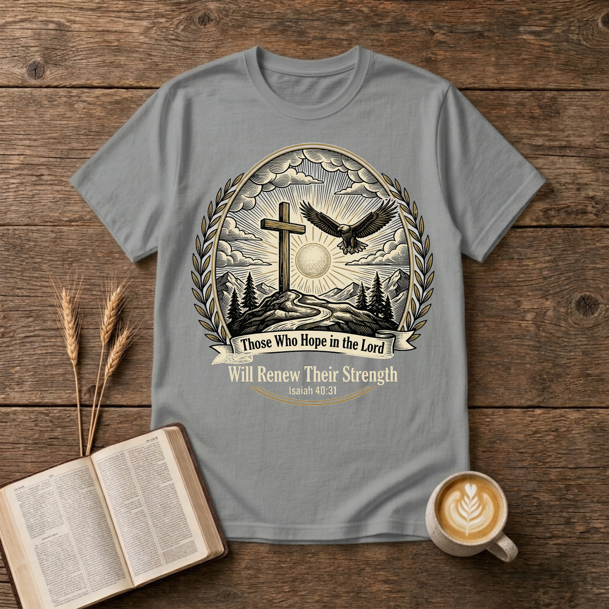 Those Who Hope in the Lord cross and eagle design, Isaiah 40:31 on a Sport Grey unisex T-Shirt