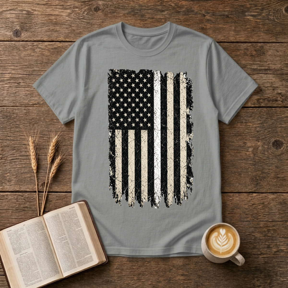 Weathered American flag with a thin white line on a Sport Grey unisex T-Shirt