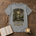 Stand Firm pastoral scene with a cross on a hill, oak trees and rising sun on a Sport Grey unisex T-Shirt