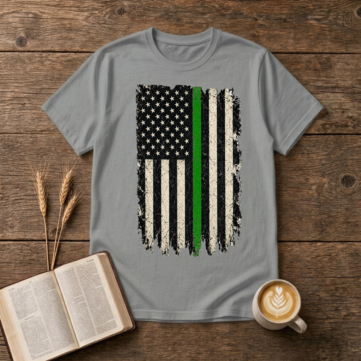 Distressed monochrome American flag with a thin green line on a Sport Grey unisex T-Shirt