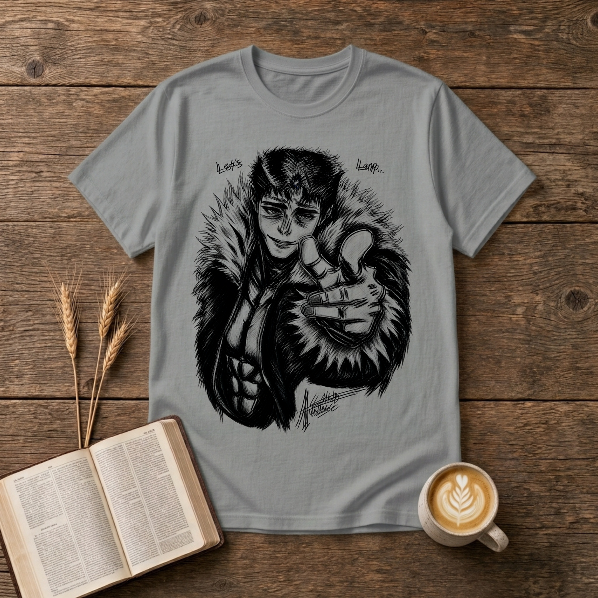 Monochrome anime character in a fur collar reaching out, Let's Larp on a Sport Grey unisex T-Shirt