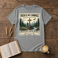 Faith Is My Compass design of a cross among pines with a lone hiker and soaring eagle on a Sport Grey unisex T-Shirt