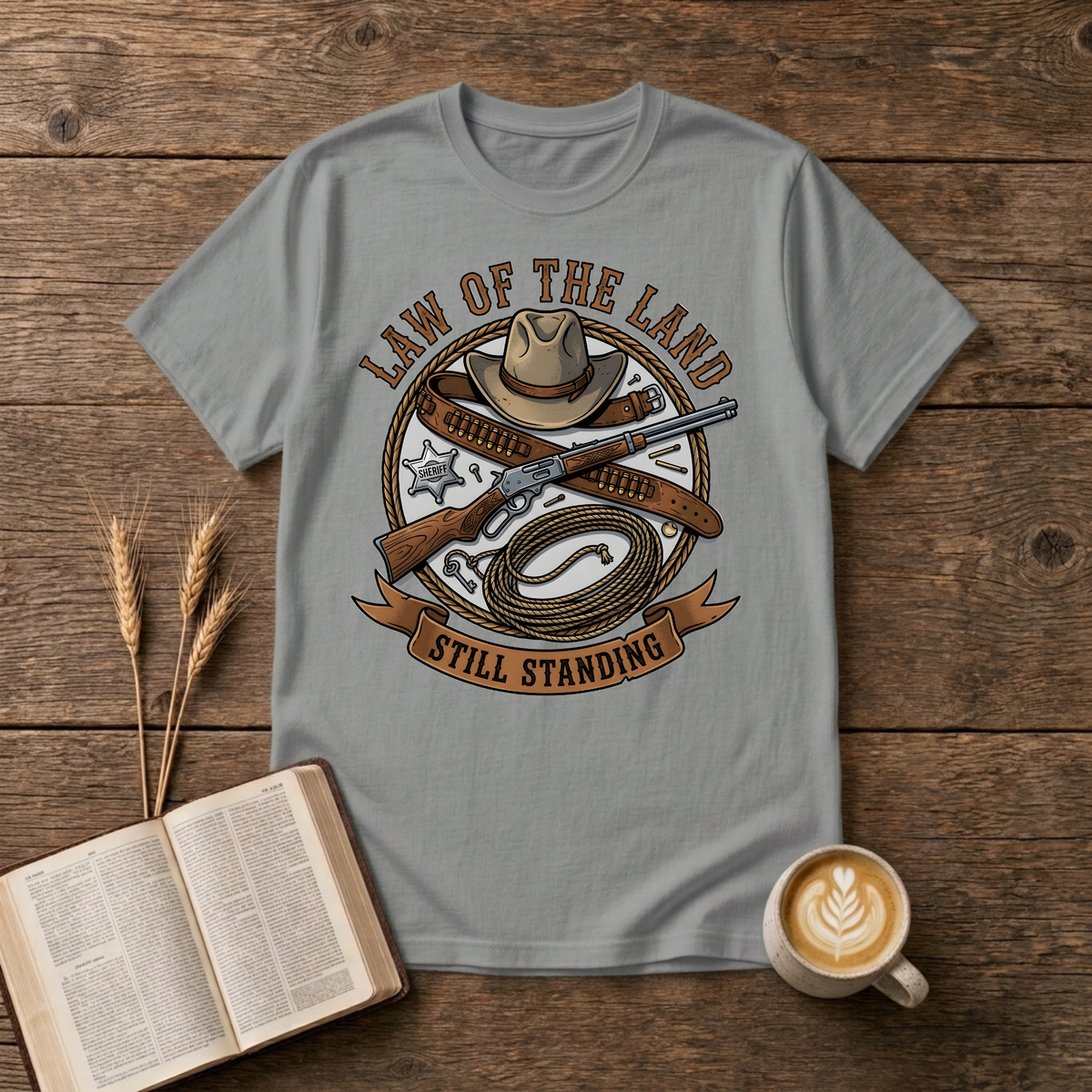 Western lawman emblem with cowboy hat, sheriff star, gun belt, lariat and rifle on a Sport Grey unisex T-Shirt