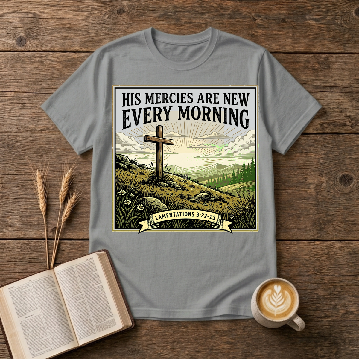Grayscale cross on a rocky rise with His mercies are new every morning on a Sport Grey unisex T-Shirt