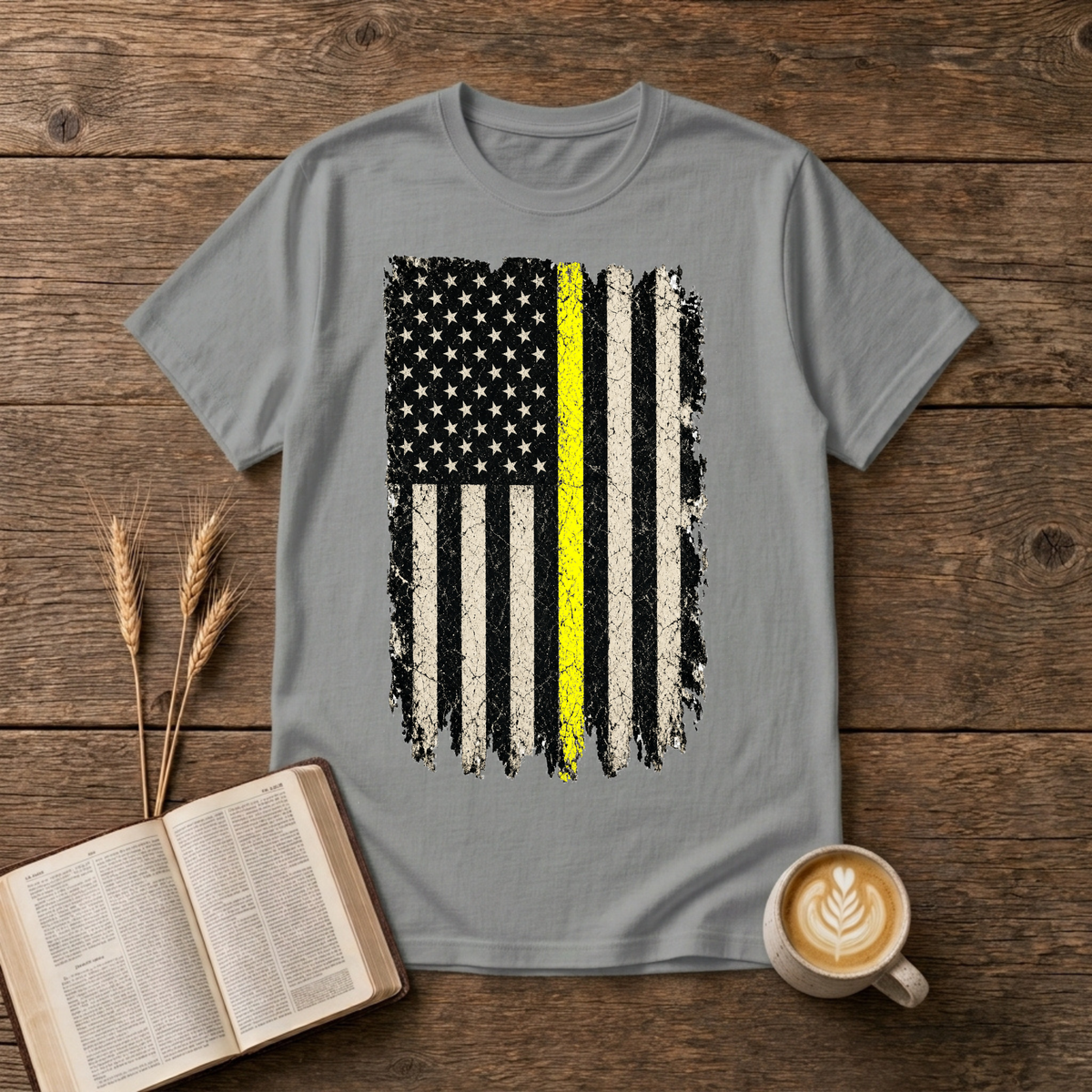 Vintage distressed American flag with a single yellow stripe on a Sport Grey unisex T-Shirt