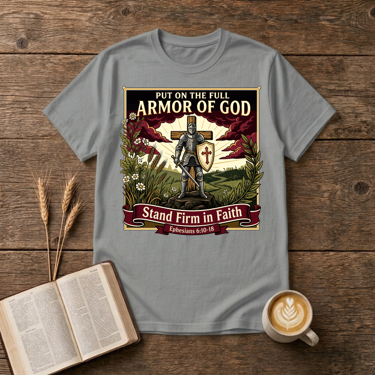 Armor of God design of a figure standing firm with a shield and cross under dramatic skies on a Sport Grey unisex T-Shirt