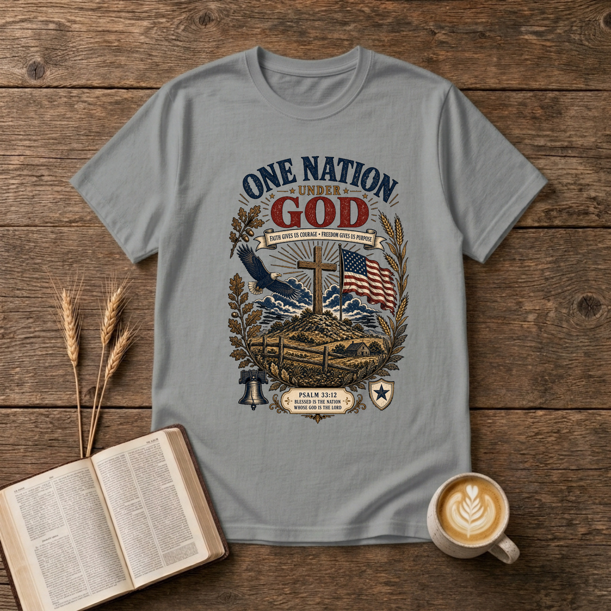 One Nation Under God design with a cross, waving flag, eagle and laurel sprigs on a Sport Grey unisex T-Shirt