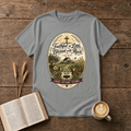 Faithful in Little Blessed with Much design with a small house, hills and cross at sunrise on a Sport Grey unisex T-Shirt
